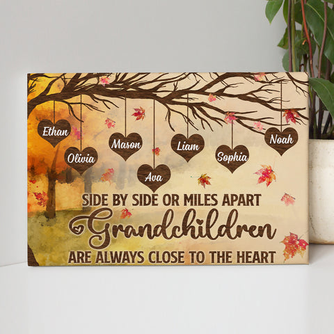 Grandma Gifts, Side By Side Or Miles Apart Grandchildren Are Always Close To The Heart Autumn Tree Heart With Names Canvas Wall Art, Gifts For Nana From Grandkids, Poster Prints Wall
