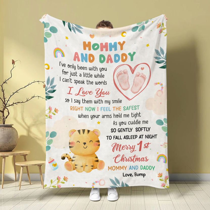 Merry 1st Christmas Mommy Daddy I've Only Been With You A While Footprint Baby Tiger, Personalized Blanket, Gifts For New Parents, Fleece Sherpa Blanket, New Parents, Gifts For Xmas