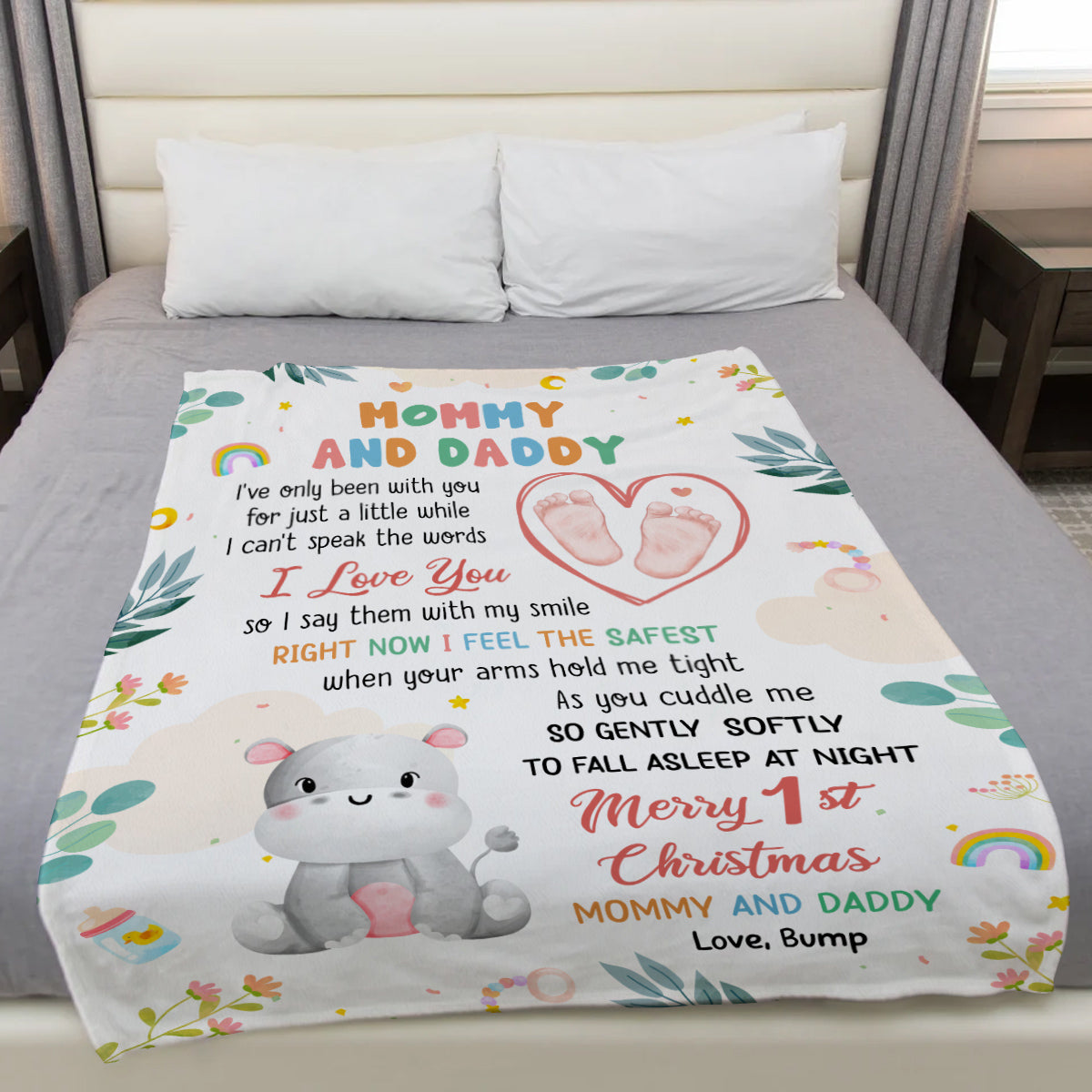 Merry 1st Christmas Mommy Daddy I've Only Been With You A While Footprint Baby Hippo, Personalized Blanket, Gifts For New Parents, Fleece Sherpa Blanket, New Parents, Gifts For Xmas