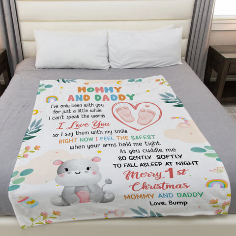 Merry 1st Christmas Mommy Daddy I've Only Been With You A While Footprint Baby Hippo, Personalized Blanket, Gifts For New Parents, Fleece Sherpa Blanket, New Parents, Gifts For Xmas