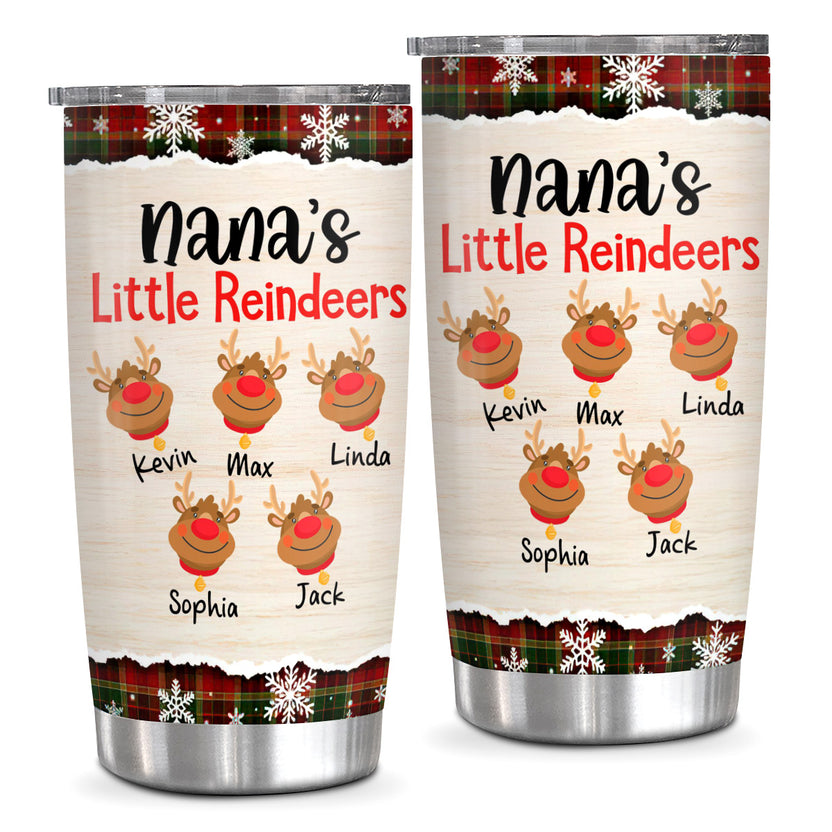 Nana Reindeers Xmas Tumbler, Grandchildren Name Travel Cup, Red Checkered Stainless Cup, Cute Christmas Reindeer, Drinkware Personalized Tumbler, Gifts For Nana From Grandkids