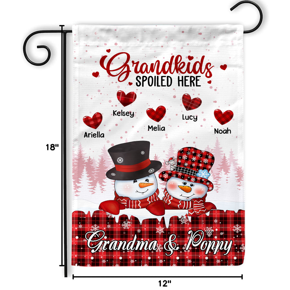 Personalized Grandchildren Names Outdoor Flag, Custom Grandma Poppy Garden Banner, Red Plaid Winter Yard Lawn Sign, Grandkids Spoiled Here Garden Sign