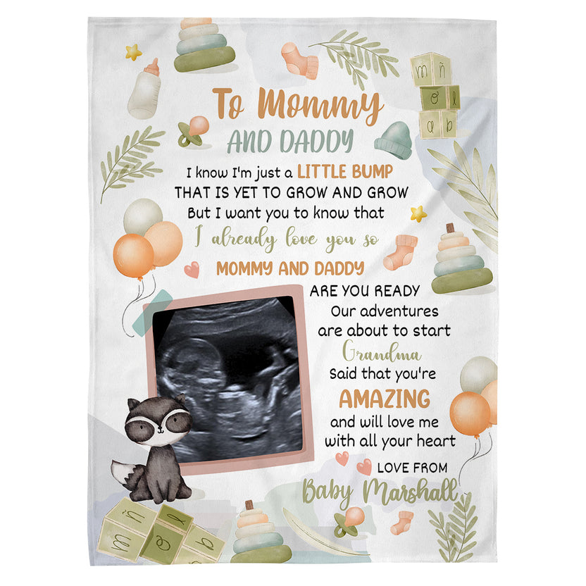 Mom To Be Gifts, Cute Raccoon Hi Mommy And Daddy Blanket Custom Ultrasound Picture For Mom To Be New Dad From Baby Bump Mommy, Fleece Sherpa Blanket, Gifts For Mother's Day