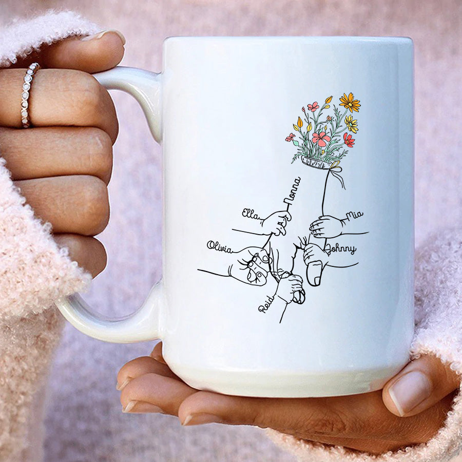 Grandma Gifts, Holding Mom's Hand Floral Mug Little Hands Kids Grandkids Holding Mom Nana Hand, Personalized Coffee Mug, Gifts For Nana From Grandson, 11 15oz, Gifts For Mother's Day