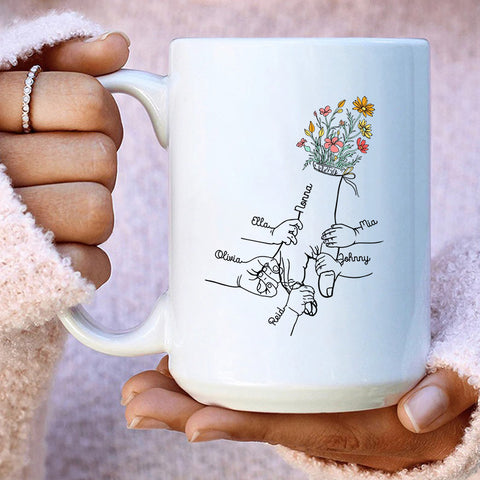 Grandma Gifts, Holding Mom's Hand Floral Mug Little Hands Kids Grandkids Holding Mom Nana Hand, Personalized Coffee Mug, Gifts For Nana From Grandson, 11 15oz, Gifts For Mother's Day