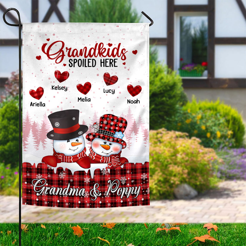 Personalized Grandchildren Names Outdoor Flag, Custom Grandma Poppy Garden Banner, Red Plaid Winter Yard Lawn Sign, Grandkids Spoiled Here Garden Sign