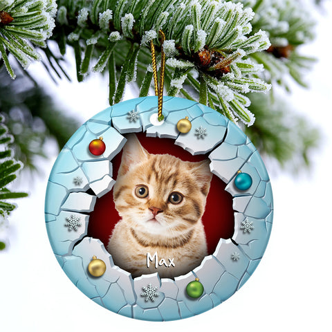 Fluffy Cat Christmas Ornament 3d Break Through Circle Circle Ceramic/ Plastic Design, Custom Name Pet Decoration, Holiday Keepsake Gifts, Personalized Christmas Ornament, Gifts For Cat