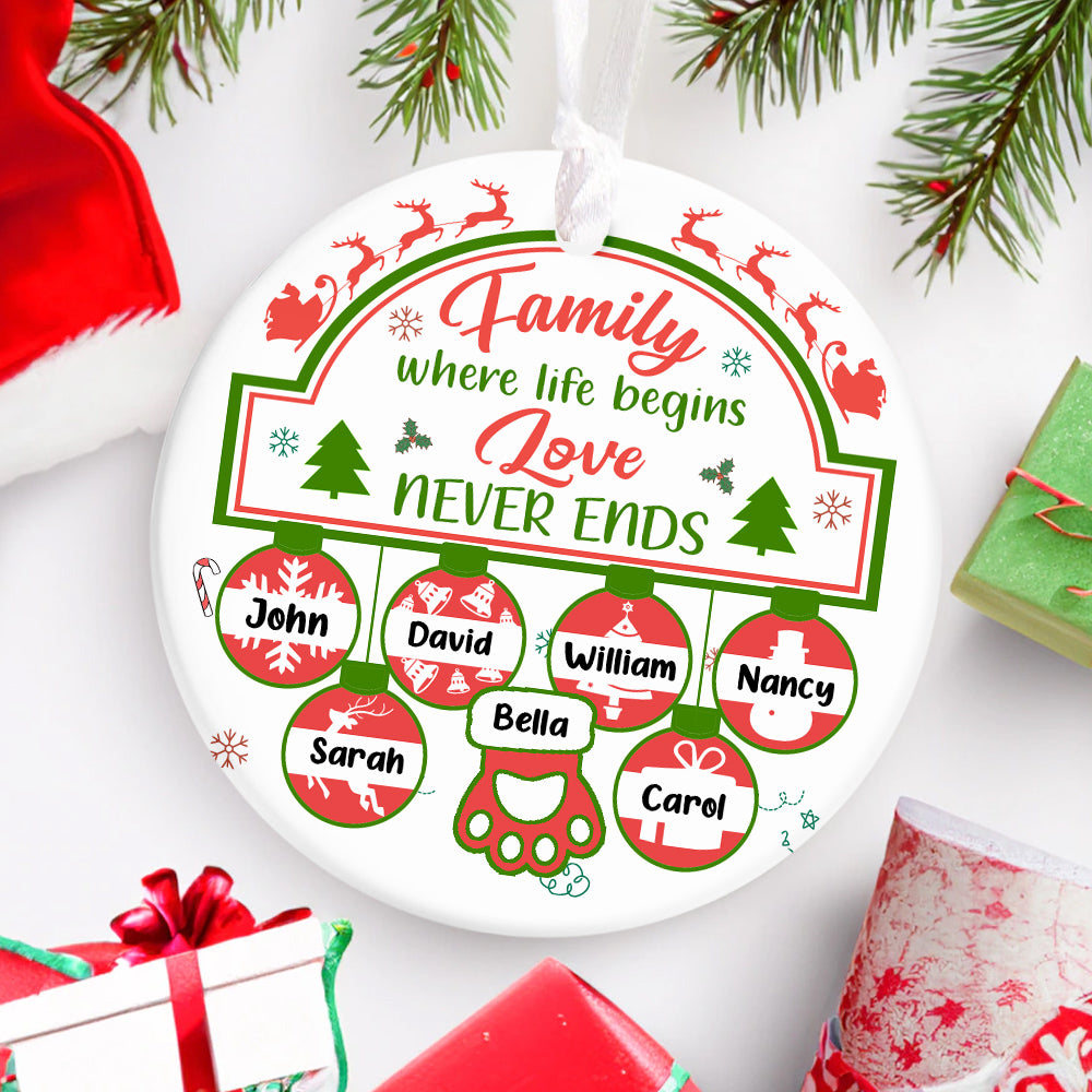 Family Gifts, Family Life Begin Love Not Ends Cute Ball With Names Hanging, Personalized Christmas Ornament, Gifts For Parents Grandparents From Kids Grandkids, Family Ornament