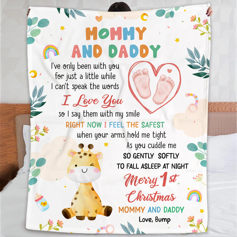 Merry 1st Christmas Mommy Daddy I've Only Been With You A While Footprint Baby Giraffe, Personalized Blanket, Gifts For Xmas