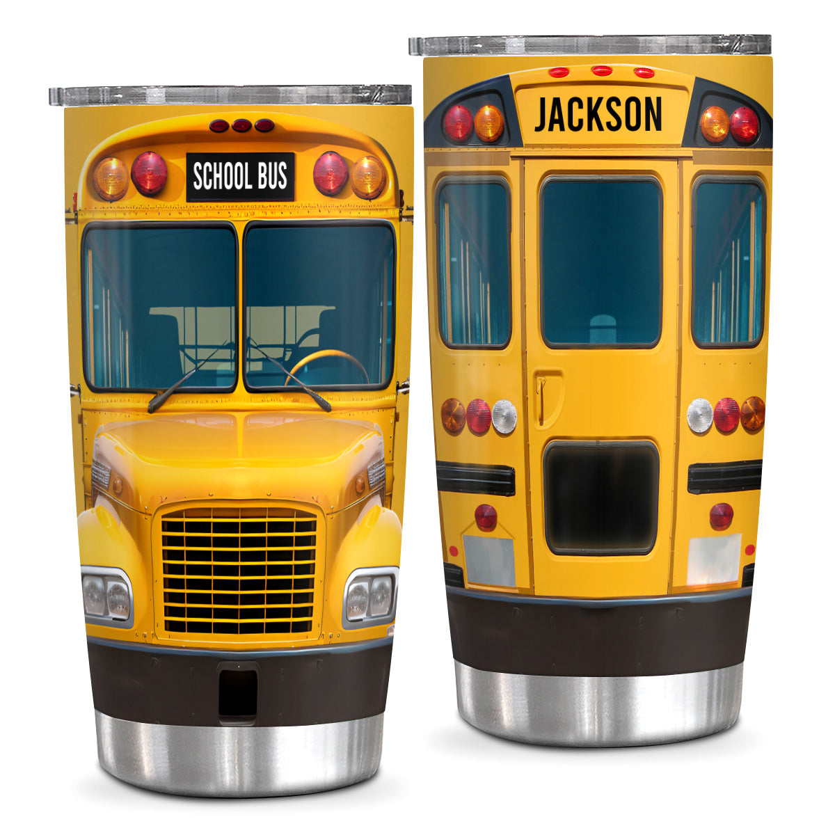 Personalized Tumbler For Men Dad Husband Coworker From Family Friends Custom Name Tumbler, Insulated Stainless Steel Travel Cup, School Bus Front And Back View Design, For Teacher