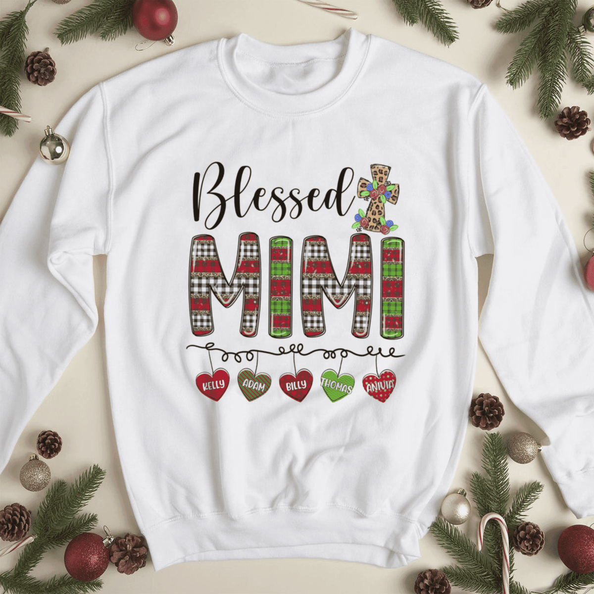 Personalized Shirt For Grandmother From Grandchild Custom Multi Kids Name Unique Gifts For Grandma Bless Mimi Christian Cross Hearts Hanging Short Sleeve Tops Tee Shirt Gifts For Christmas