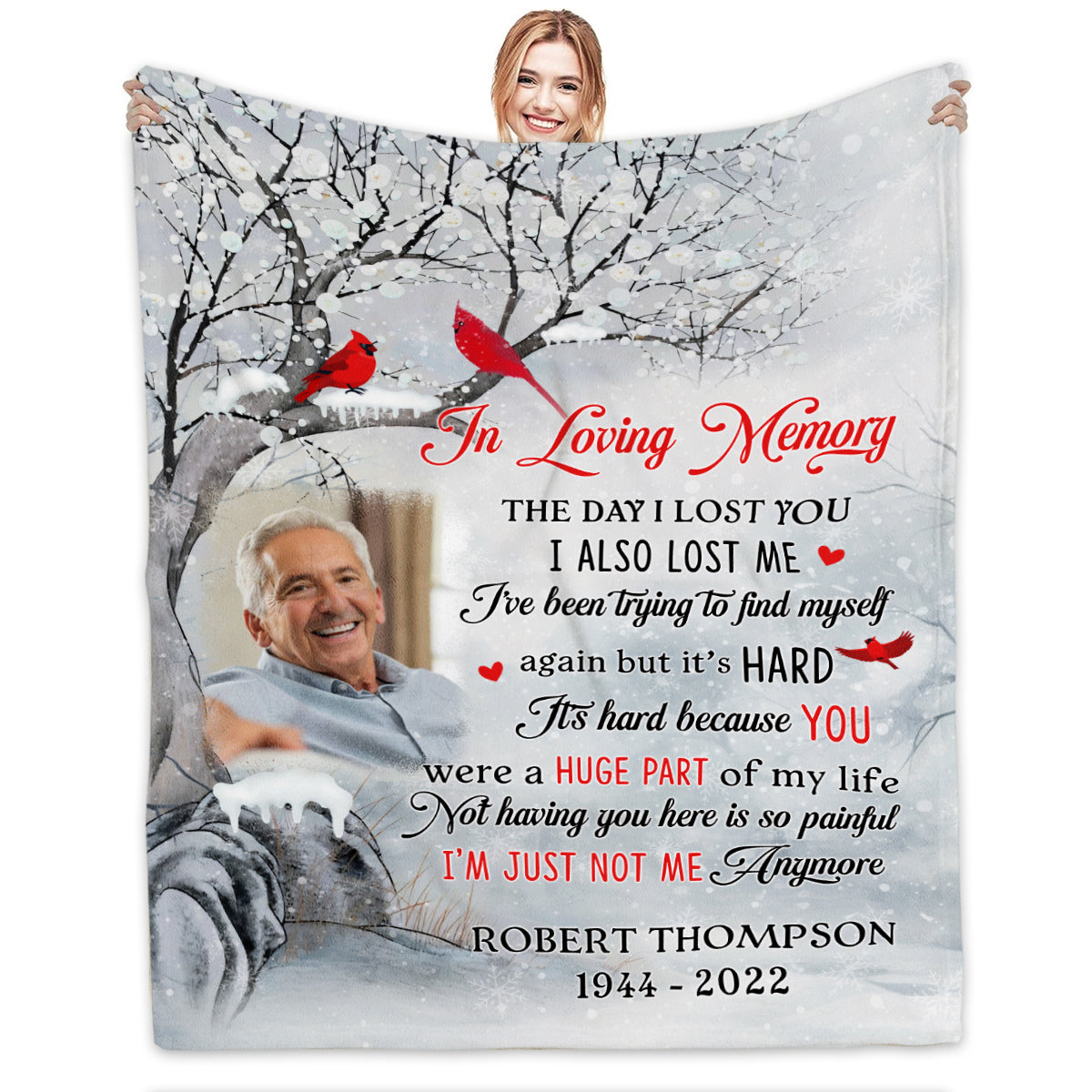 Sympathy Gifts, Personalized Memorial Blanket With Photo, In Loving Memory Tree Red Birds I Lost You I've Been Trying To Find Myself, Loss Of Dad Grandpa Blanket, Fleece Sherpa, Funeral