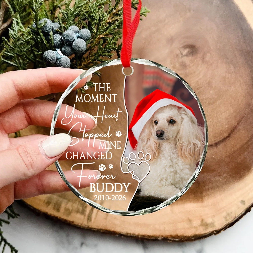 The Moment Your Heart Stopped Mine Changed Forever, Dog Memorial Glass Ornament, Custom Photo Pet Loss Remembrance Keepsake, Memorial Item For Dogs, Gifts For Loss Of Dog, Tree Decor