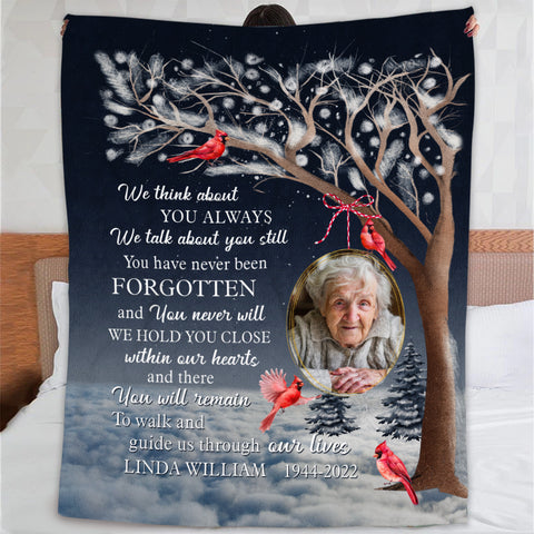 Remembrance Gifts, Personalized Memorial Blanket With Photo, Winter Tree With Red Bird We Talk About You Still, Loss Of Mom Dad Blanket, Fleece Sherpa, Memorial Gifts For Anniversary