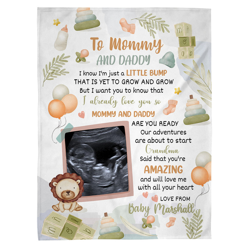 Cute Lion Hi Mommy And Daddy Blanket Custom Ultrasound Picture For Mom To Be New Dad From Baby Bump , Personalized Blanket, Gifts For New Mommy, Fleece Sherpa Cozy Warm Baby Boy Reveal