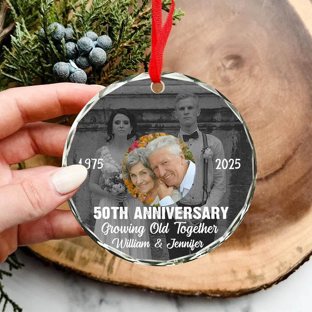50th Anniversary Growing Old Together Glass Ornament, Then And Now Photo Keepsake, Wedding Memory Decor, Gifts For Parents Family Him Her, Xmas Tree Decor, Gifts For Valentine