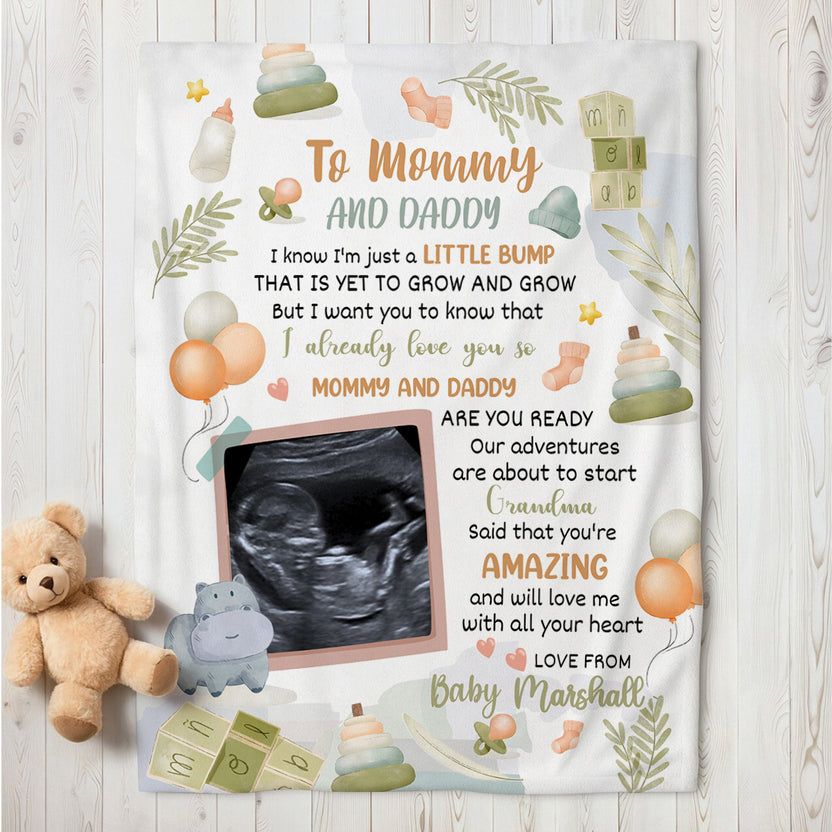 Cute Hippopotamus Hi Mommy And Daddy Blanket Custom Ultrasound Picture For Mom To Be New Dad From Baby Bump Blanket, Gifts For New Mommy, Fleece Sherpa Cozy Warm