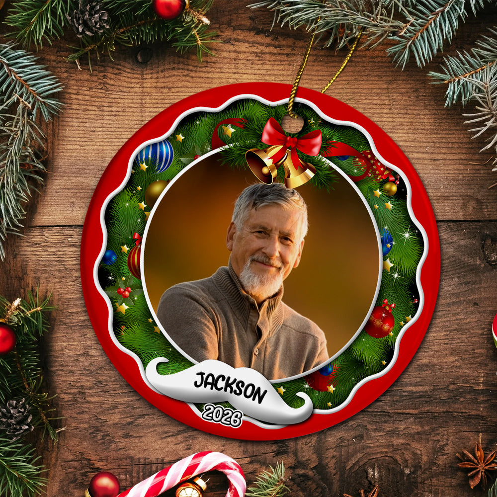 Xmas Frame Custom Photo Grandpa Cute With Beard Name & Year, Grandpa Christmas Photo Ornament, Family Christmas Keepsake, Holiday Tree Decoration, Gifts For Mom Dad Daughter Son