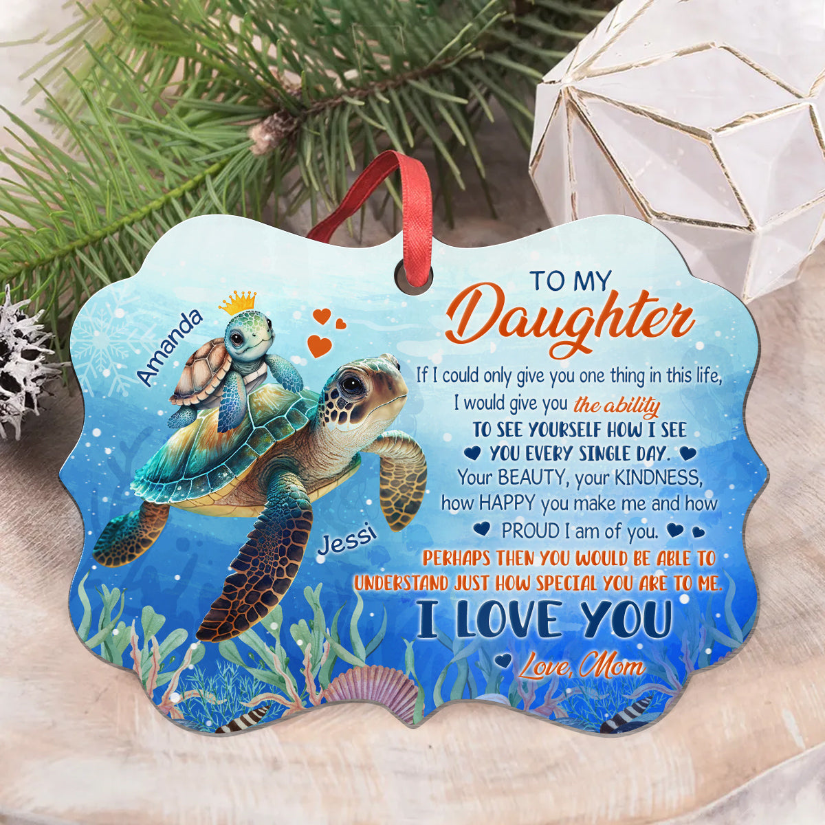 Daughter Gifts, Sea Turtle How Happy You Make Me Hand How Proud I Am Medallion Aluminum Ornament For Girls Babies From Mom Mother, Xmas Tree Decor, Gifts For Birthday Xmas Keepsake