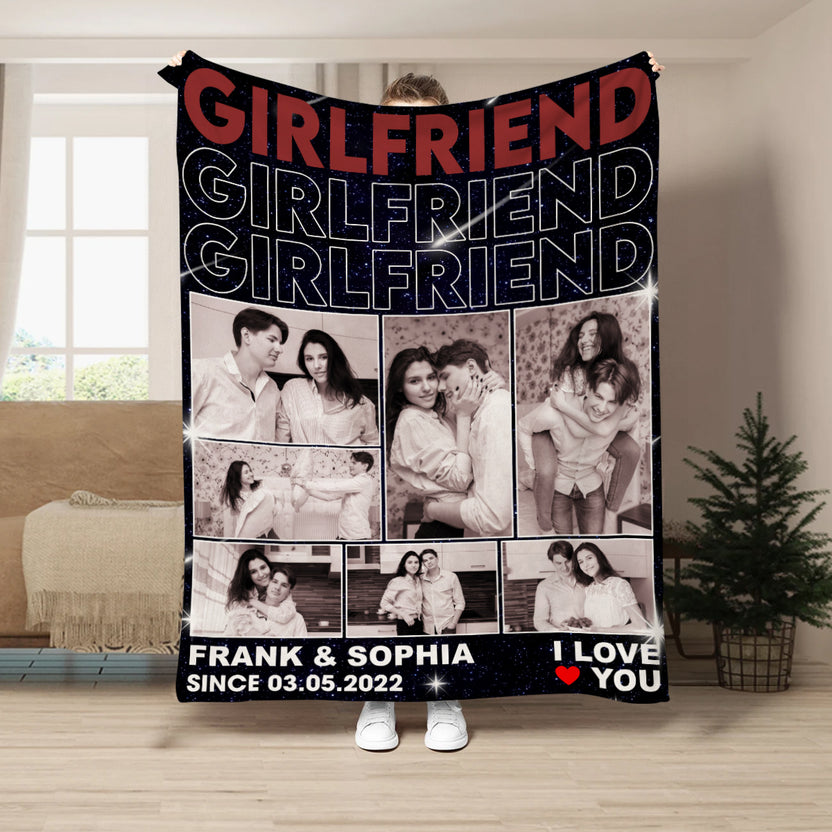Girlfriend Black Blanket With Photo Collage, Personalized Name Year, Multi Picture Home Blanket, Personalized With Photo, Gifts For Him Her Custom Fleece Sherpa Blankets