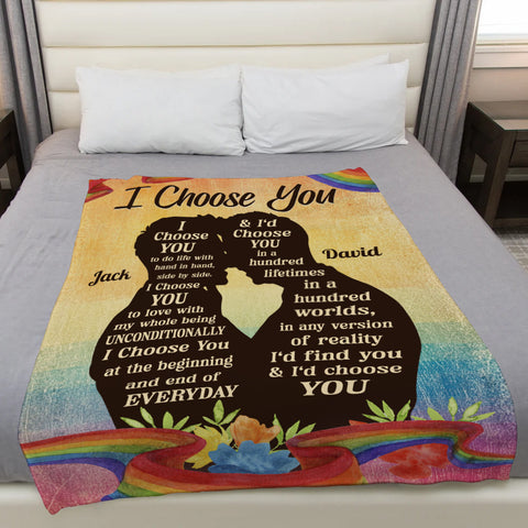 Gay Lgbt Couple Rainbow Silhouette Vintage I'd Find You & I'd Choose You, Personalized Blanket, Gifts For Him Her From Honey