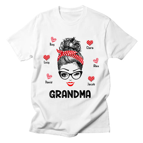 Personalized Shirt For Grandparents From Grandchild Heart Messy Bun Mommy Grandma Custom Name Gifts Ideas For Grandparents Short Sleeve Tops Tee T-Shirt For Birthday Mothers Day