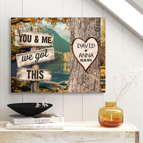 Personalized Couple Poster We Got Rustic Wood Sign Print Custom Name & Date Heart On Tree Autumn Forest Landscape, You & Me, Gifts For Him Her From Honey, Canvas Prints Wall Decor