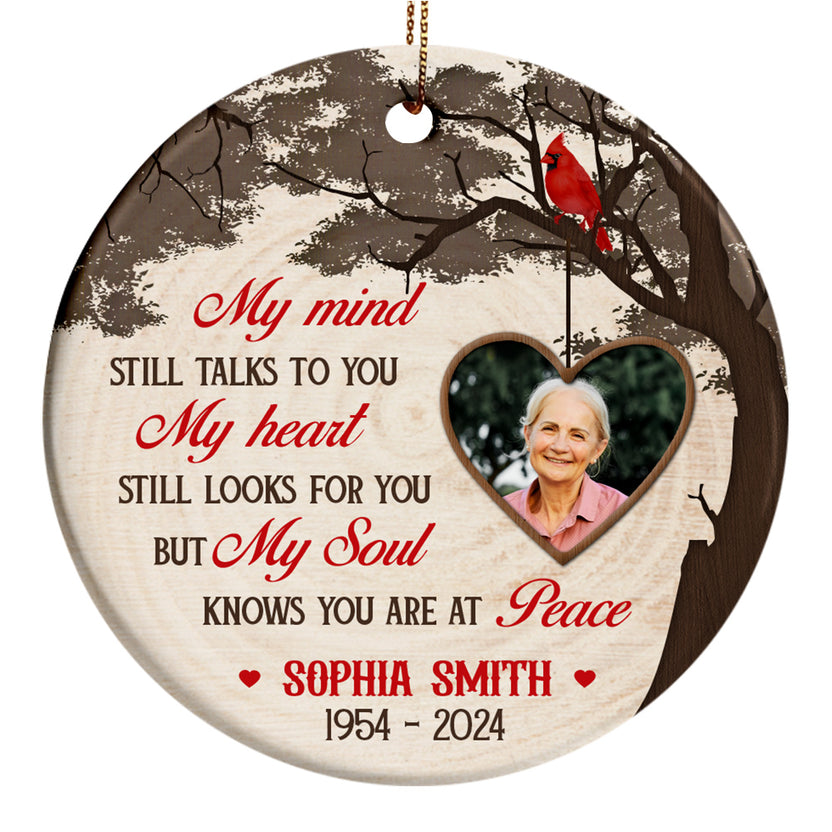 Sympathy Memorial Ornament, My Heart Knows You Are At Peace Wooden Vintage Heart Photo, Gifts For Loss Of Mom Dad, Xmas Tree Decoration, Funeral Gifts For Anniversary