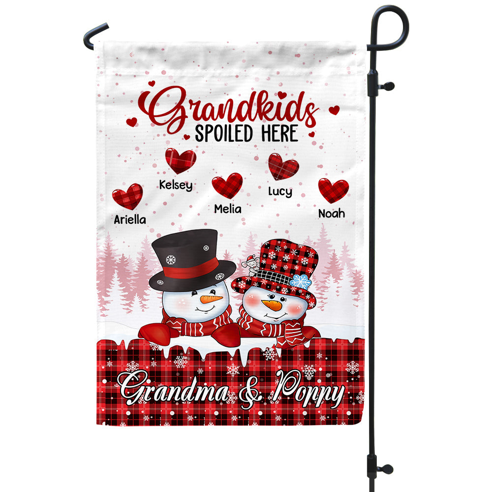 Personalized Grandchildren Names Outdoor Flag, Custom Grandma Poppy Garden Banner, Red Plaid Winter Yard Lawn Sign, Grandkids Spoiled Here Garden Sign