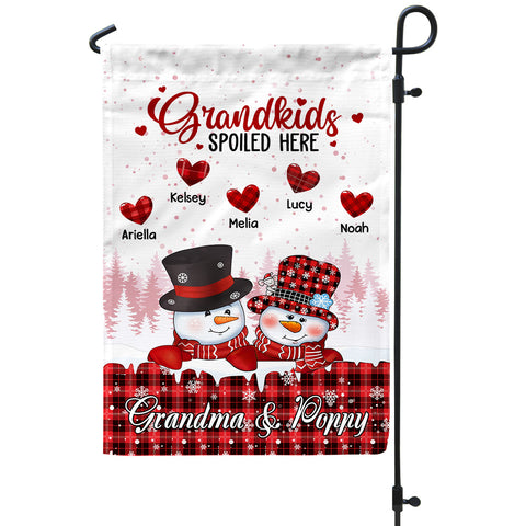 Personalized Grandchildren Names Outdoor Flag, Custom Grandma Poppy Garden Banner, Red Plaid Winter Yard Lawn Sign, Grandkids Spoiled Here Garden Sign