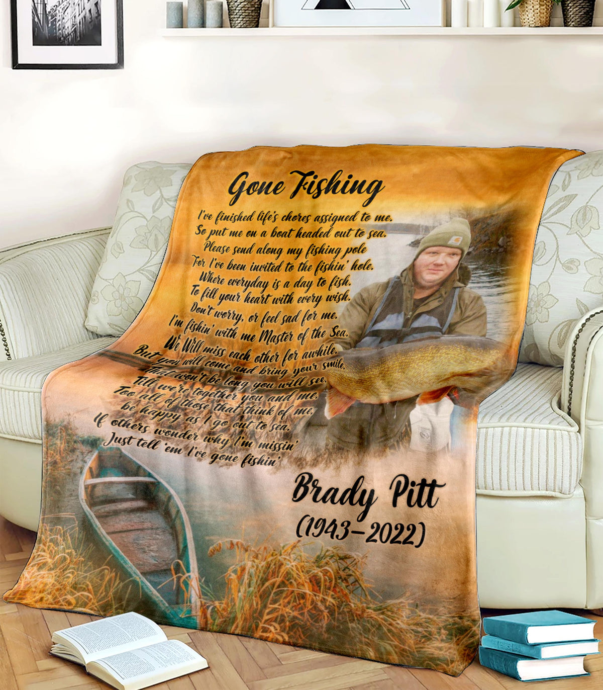 Personalized Gone Fishing Memorial Blanket For Dad Papa In Heaven Custom Photo Name And Time Fleece Sherpa Blanket Gifts For Daddy Memory Gifts For Fisherman Father Christmas Thanksgiving