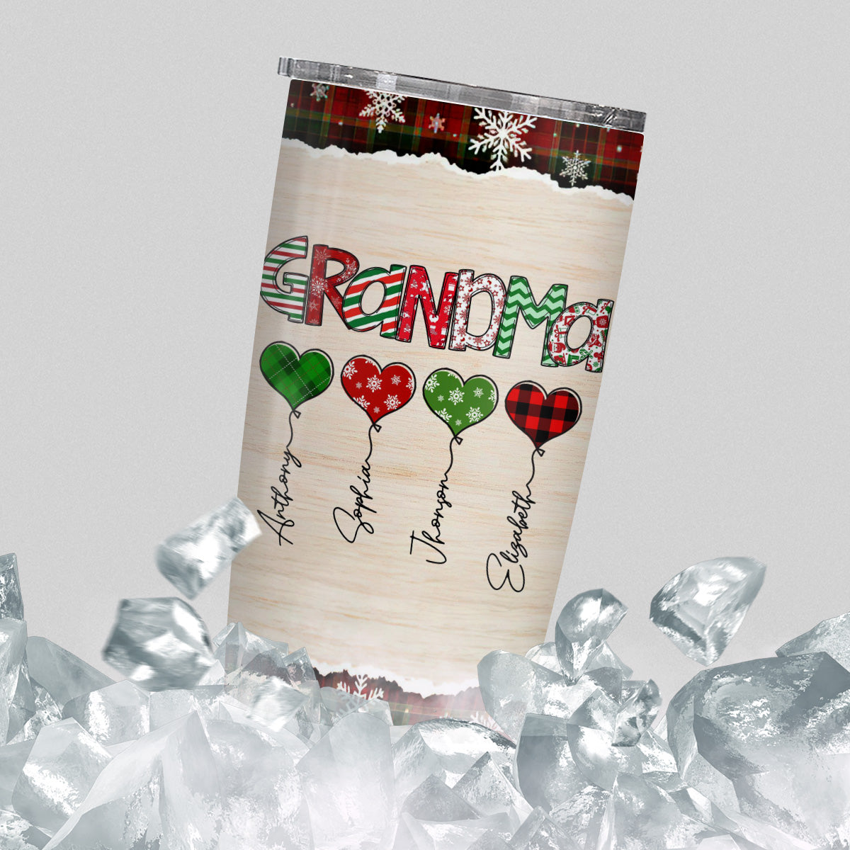 Grandma Christmas Heart Balloons Tumbler, Custom Grandkids Name Travel Cup, Festive Plaid Drinkware, Personalised Grandma Xmas Personalized Tumbler, Gifts For Nana Grandmother