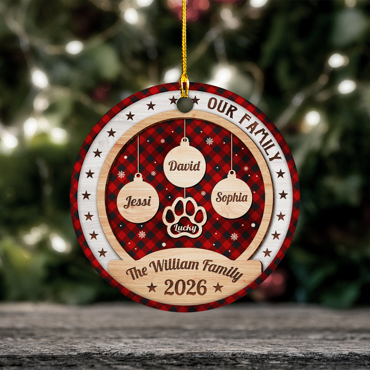 Personalized Ornament For Parents Grandparents Kids Grandkids Family Gifts Our Family Bauble Pawprint With Names Red Plaid Snowflake, Dog Lover Tree Decor Keepsake, Custom Names