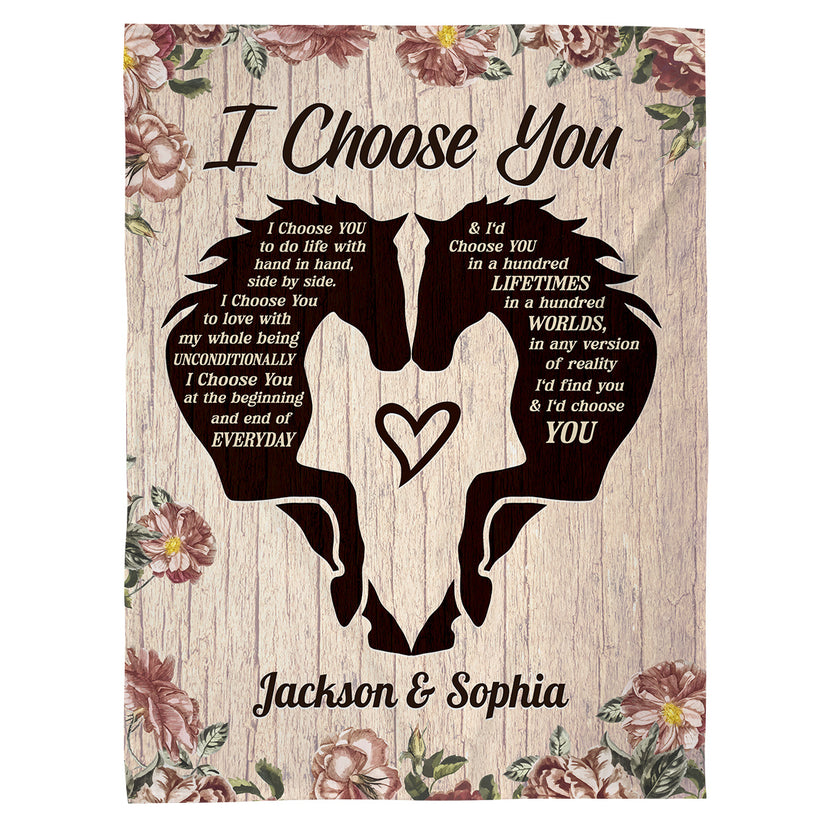 Horse Couple Floral Silhouette Vintage I'd Find You & I'd Choose You, Personalized Blanket, Gifts For Him Her Honey, Custom Fleece Sherpa Blanket, Gifts For Valentine Anniversary