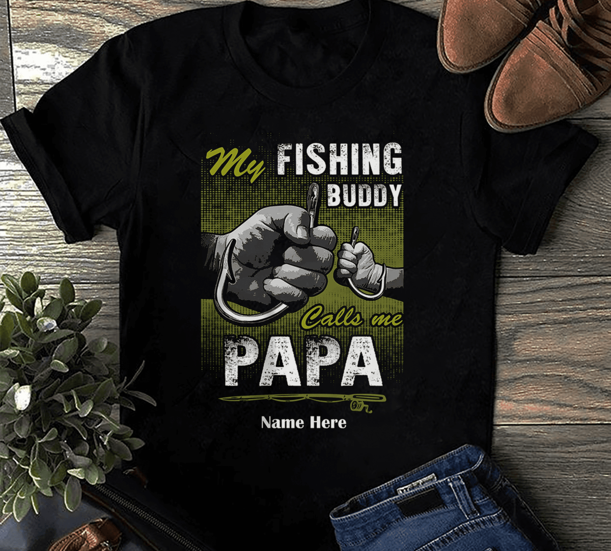 Personalized Shirt For Papa From Grandson Custom Name Hands Fist Bump My Fishing Buddy Call Me Papa Fishermen Outdoor Sport Love Papa Gifts Short Sleeve Tops Tee Shirt Gifts For Men Family