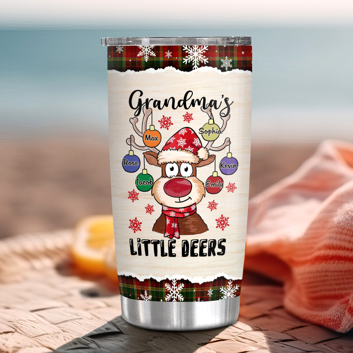 Grandmas Little Deers Custom Tumbler, Personalized Christmas Reindeer Ornament Travel Cup, Insulated Cup, Cute Festive Reindeer Name Travel Tumbler,  Gifts For Nana From Grandkids, 20oz