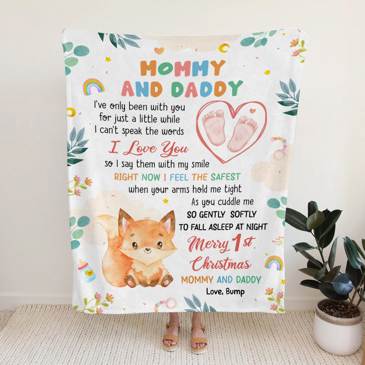 Merry 1st Christmas Mommy Daddy I've Only Been With You A While Footprint Baby Fox, Personalized Blanket, Gifts For New Parents, Fleece Sherpa Blanket, New Parents, Gifts For Xmas