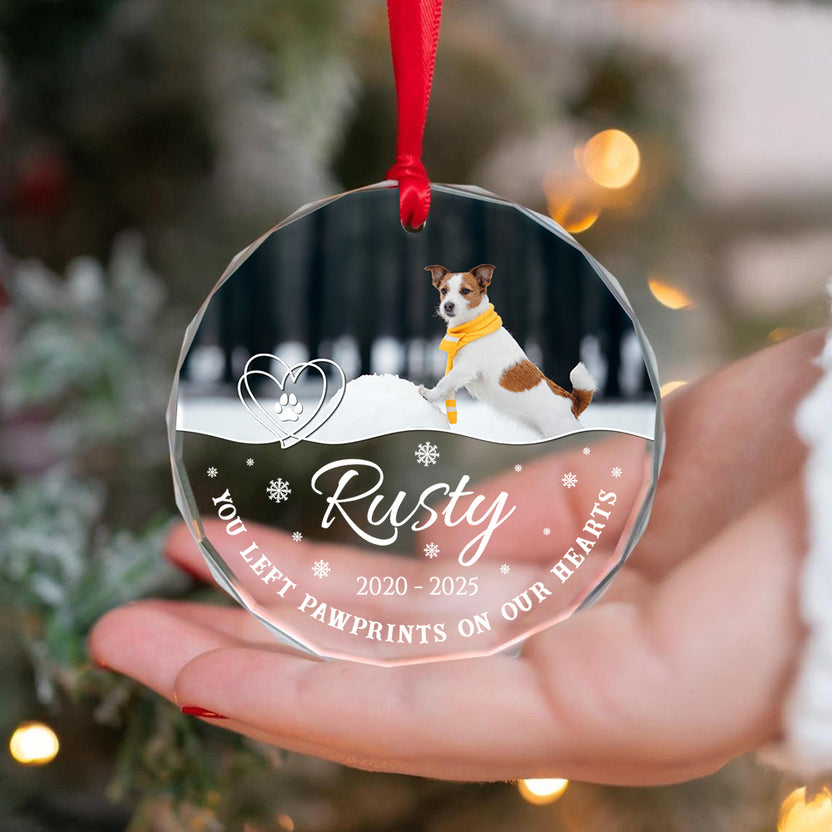 You Left Pawprints On Our Hearts Glass Circle Ornament, Personalized Pet Memorial Ornament With Photo, Gifts For Loss Of Dog, Tree Decor Christmas Keepsake Decor, Pet Loss Gifts