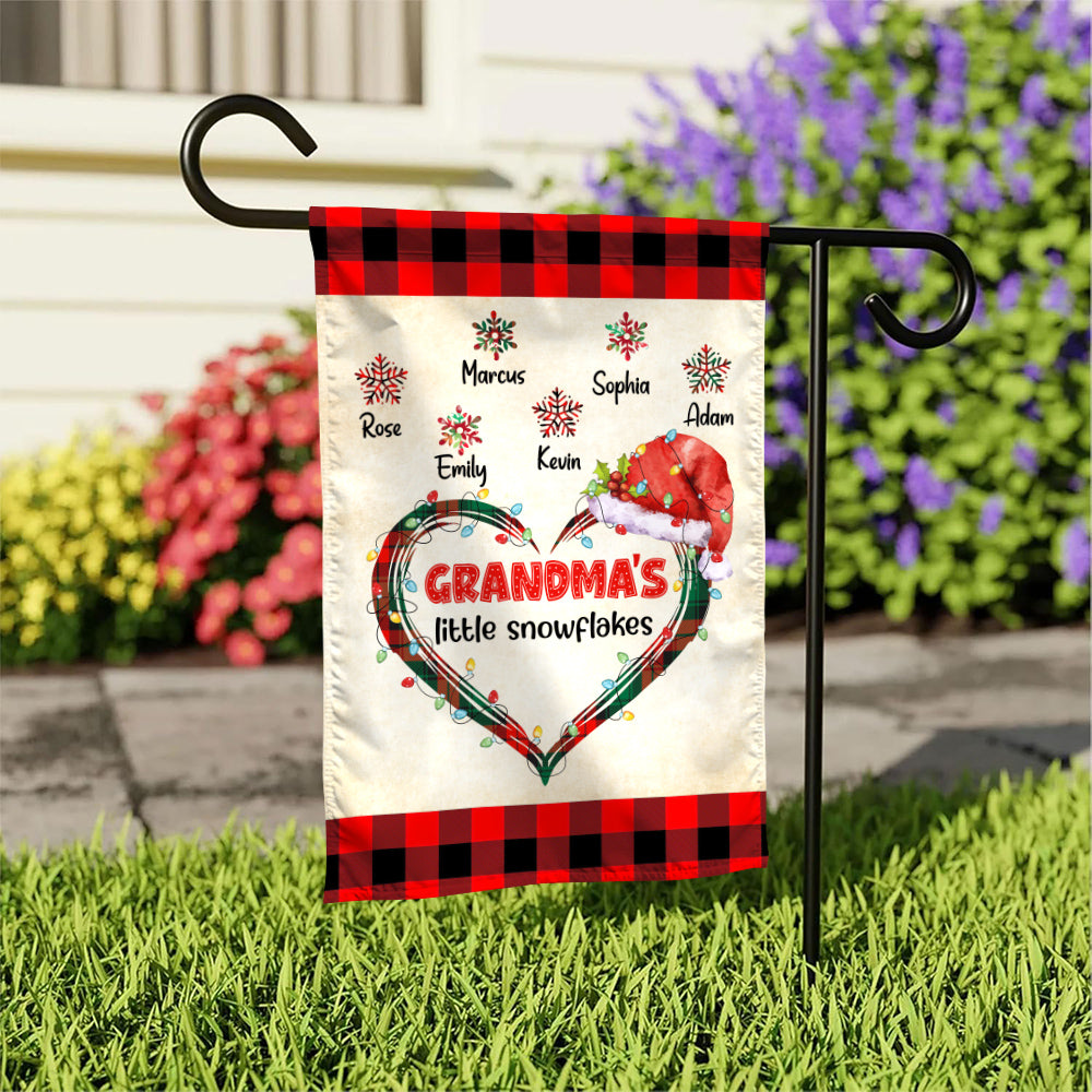 Custom Grandmas Little Snowflakes Flag, Christmas Plaid Heart Santa Hat Names Yard Sign, Holiday Season Lawn Decor, Custom Grandchildren Name Banner,  Gifts For Nana From Grandkids