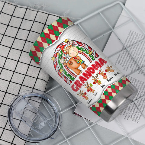 Cute Christmas Rainbow Tumbler, Grandma Custom Grandchildren Names Travel Cup, Winter Drinkware Cup, Rainbow Reindeer Family Names Travel Tumbler, Gifts For Nana From Grandkids, 20oz