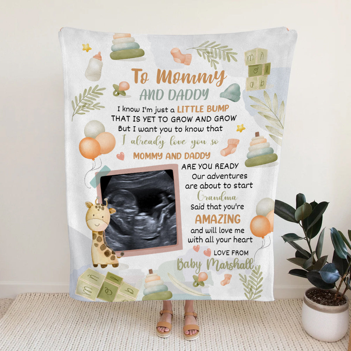 Cute Giraffe Hi Mommy And Daddy Blanket Custom Ultrasound Picture For Mom To Be New Dad From Baby Bump Personalized Blanket