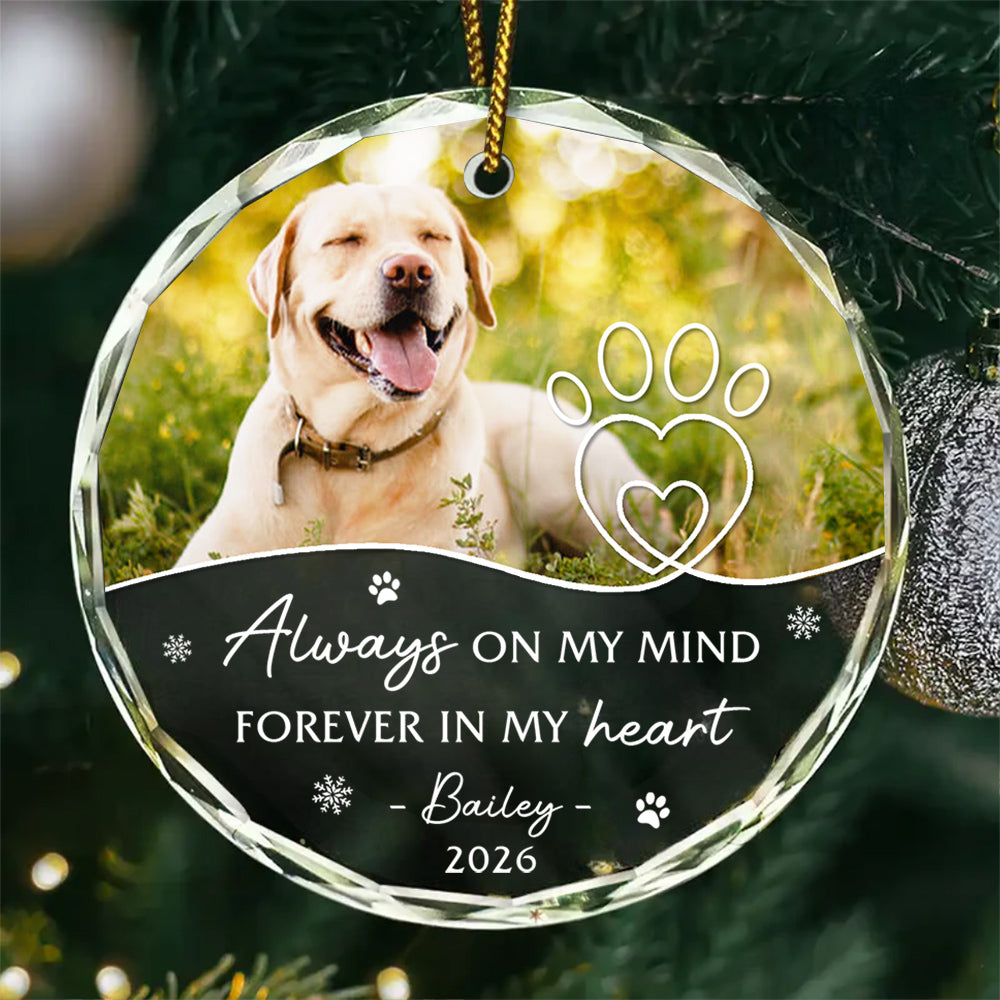 Always On Mind Forever In Heart Pawprints Glass Ornament Remembrance, Memorial Keepsake, Pet Loss Decoration, Winter Decor, Remembrance Tribute Ornament With Photo, Gifts For Dog Lovers