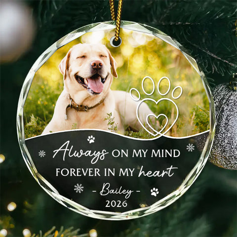 Always On Mind Forever In Heart Pawprints Glass Ornament Remembrance, Memorial Keepsake, Pet Loss Decoration, Winter Decor, Remembrance Tribute Ornament With Photo, Gifts For Dog Lovers