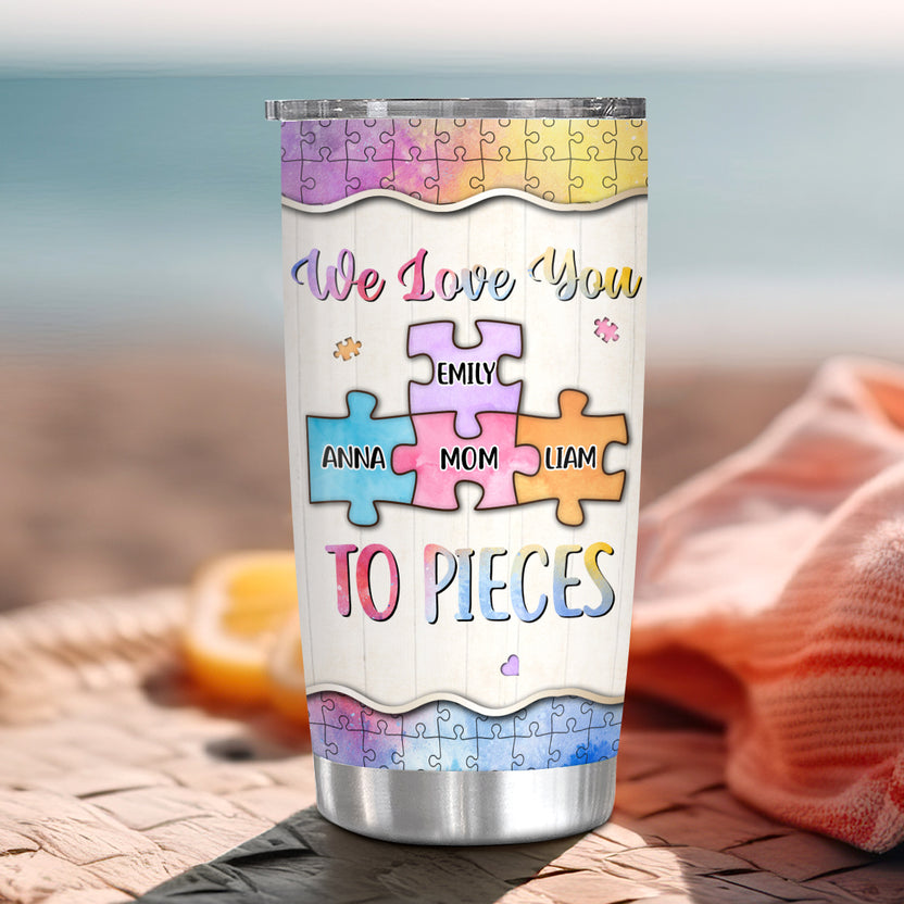We Love Mom To Pieces Blue Watercolor Piece , Personalized Tumbler, Gifts For Mom Mommy From Daughter Son, 20oz With Lid Travel Cup, Gifts For Birthday Mothers Day