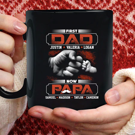 Personalized Coffee Mug Grandpa To Be Gifts First Dad Now Papa Cute Fist Bump Custom Names For Grandpa From Grandchildren 11 15Oz Ceramic Black Cup For Birthday Fathers Day Christmas