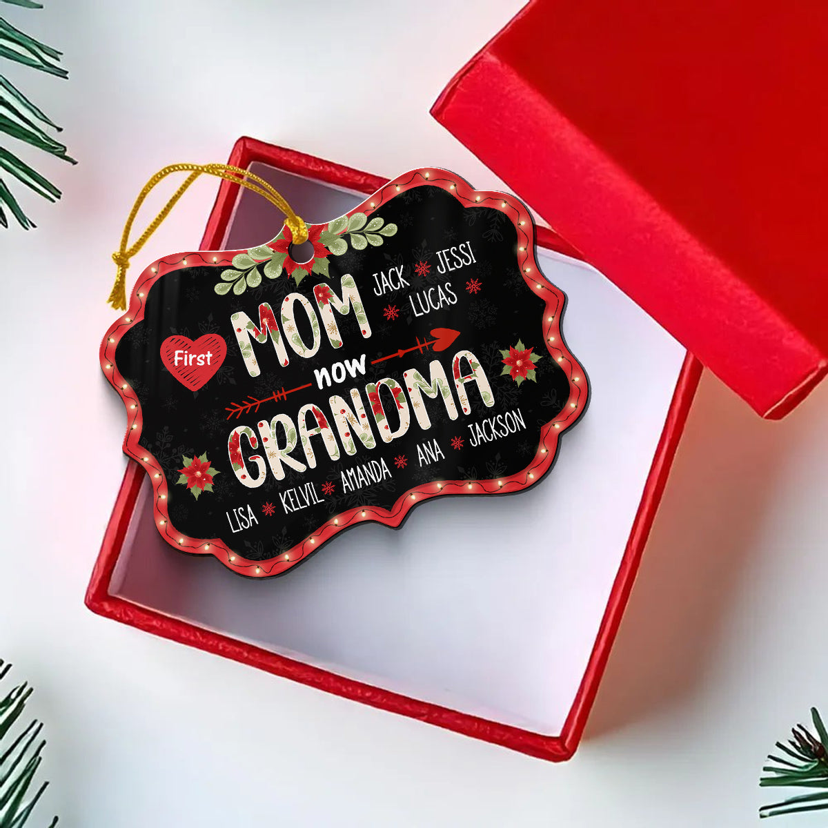 First Mom Now Grandma Ornament, Personalized Grandkids Names Christmas Gift, New Grandma Pregnancy Reveal Gift, Custom Holiday Keepsake