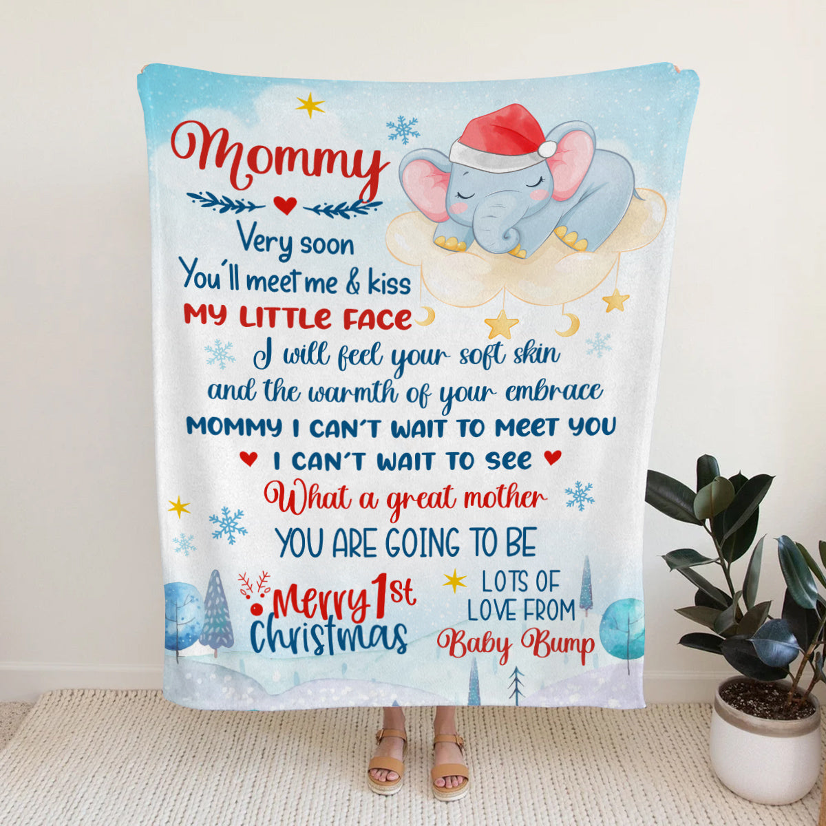Gifts For New Mom, Mommy I Can't Wait To Meet You Snowflakes Elephant Sleeping In Moon, Personalized Blanket, Gifts For New Mommy, Fleece Sherpa, New Mom Blanket, Gifts For Xmas