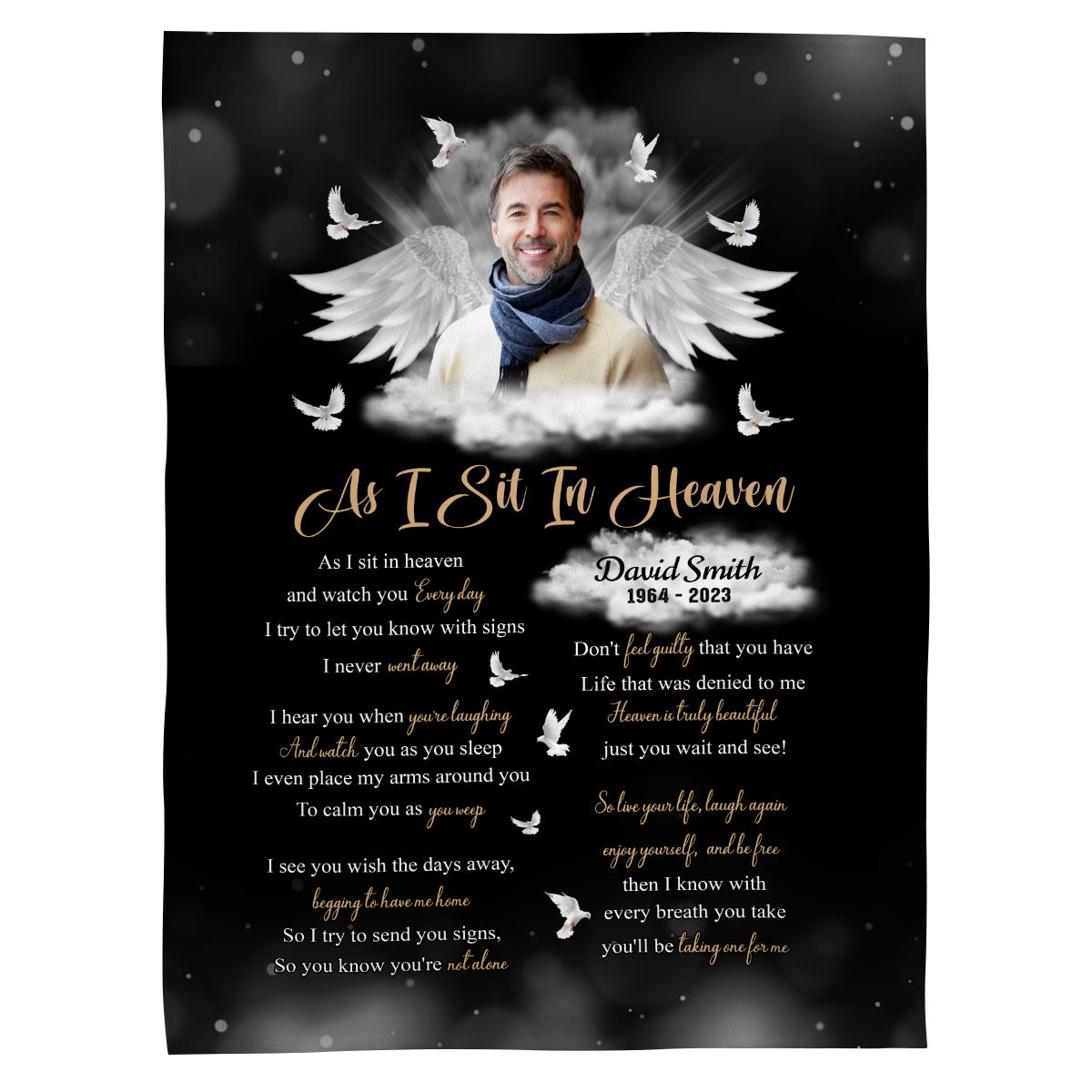Sympathy Gifts, Memorial Blanket With Photo, Personalized Memorial Blanket, Heavenlies Angel Portrait Artwork, Remembrance Verse With Clouds And Doves, Spiritual Comfort Message