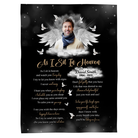 Sympathy Gifts, Memorial Blanket With Photo, Personalized Memorial Blanket, Heavenlies Angel Portrait Artwork, Remembrance Verse With Clouds And Doves, Spiritual Comfort Message