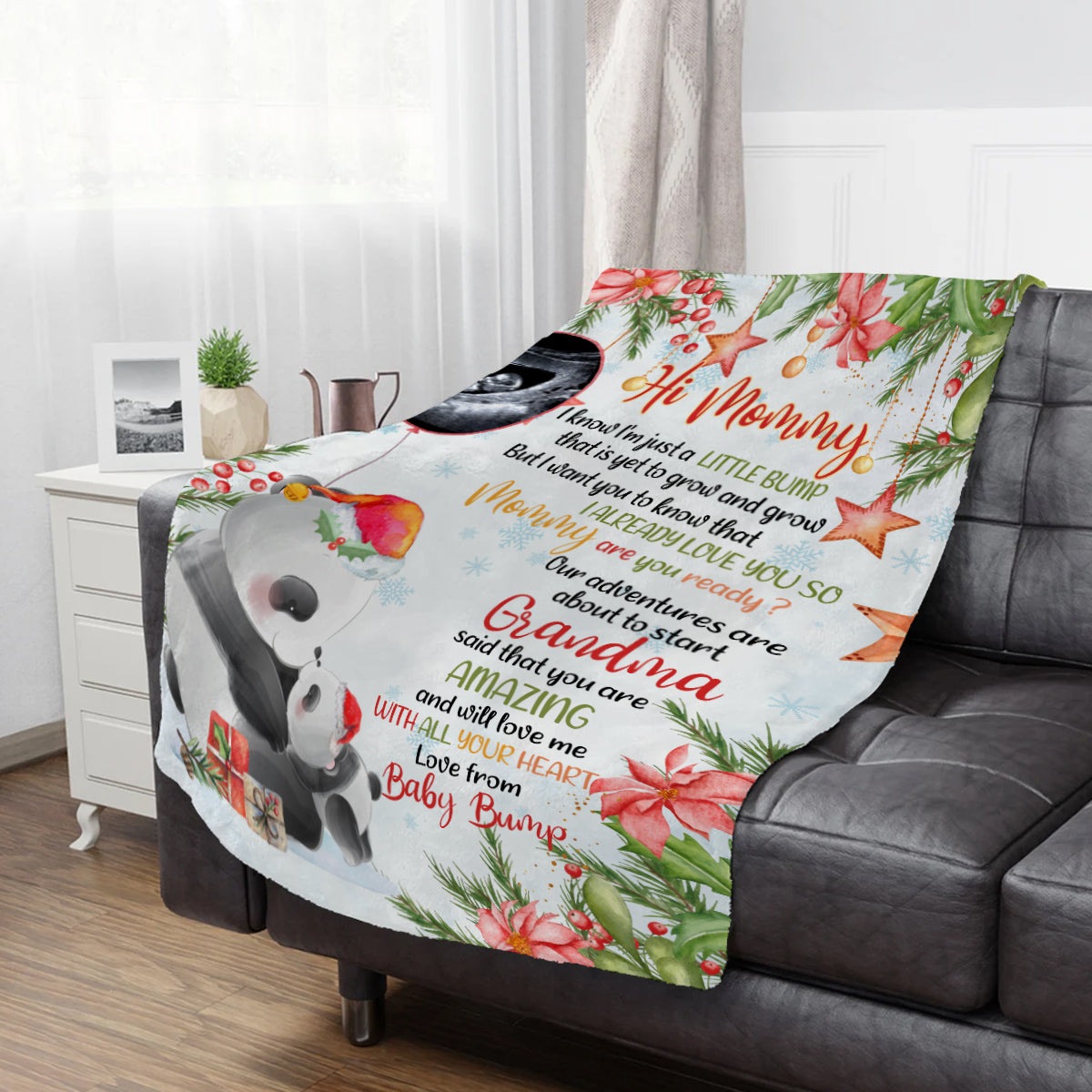 Personalized Panda Christmas Baby Blanket, Custom Photo Ultrasound Baby Bump Gifts For New Mom New Dad Wife, Christmas Fleece Sherpa Blanket Expecting Parents Gifts For Mom To Be,